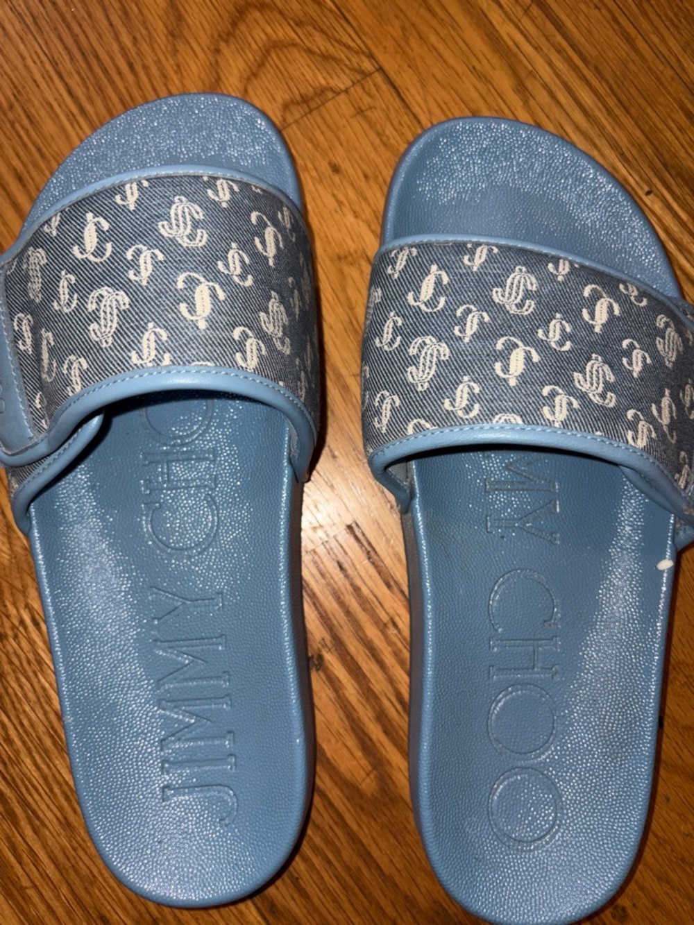 Jimmy Choo Light Blue Monogram Slide Sandals